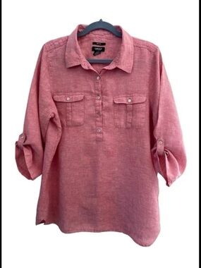 Jones New York Blouse Shirt Size Large 100% Linen Roll Tab Sleeves